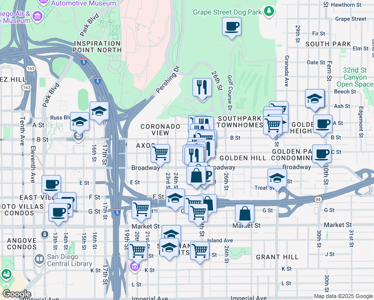 map of restaurants, bars, coffee shops, grocery stores, and more near 2442 C Street in San Diego