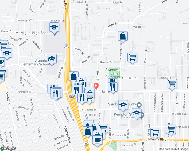 map of restaurants, bars, coffee shops, grocery stores, and more near 1304 Helix Street in Spring Valley