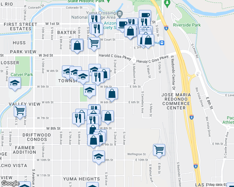 map of restaurants, bars, coffee shops, grocery stores, and more near 598 South 2nd Avenue in Yuma