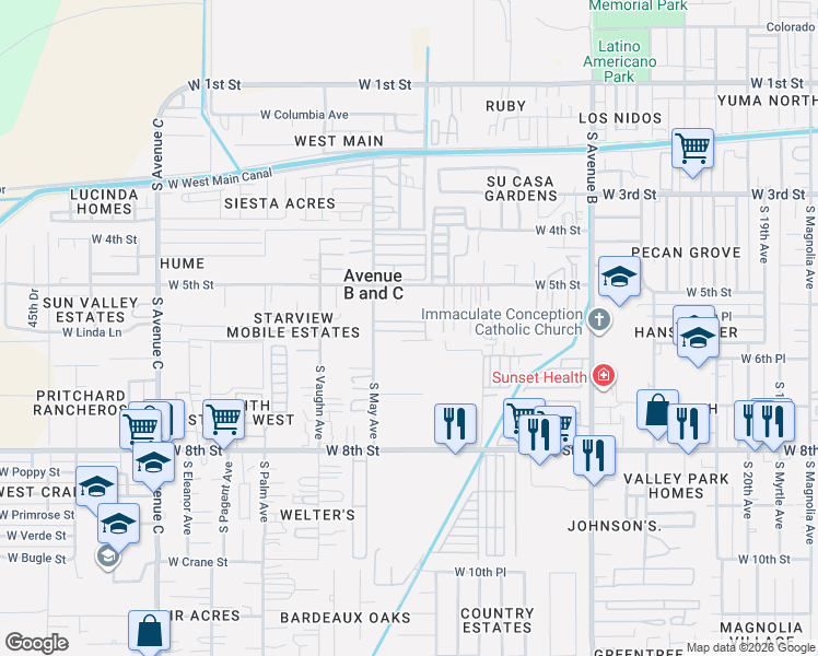map of restaurants, bars, coffee shops, grocery stores, and more near 565 South May Avenue in Yuma