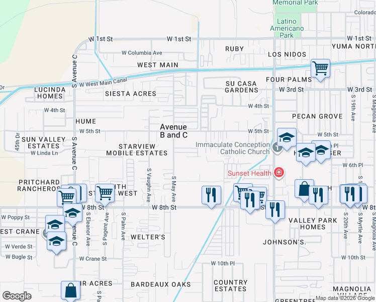 map of restaurants, bars, coffee shops, grocery stores, and more near 589-667 South May Avenue in Yuma