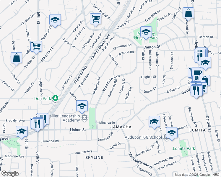 map of restaurants, bars, coffee shops, grocery stores, and more near 1014 Armacost Road in San Diego