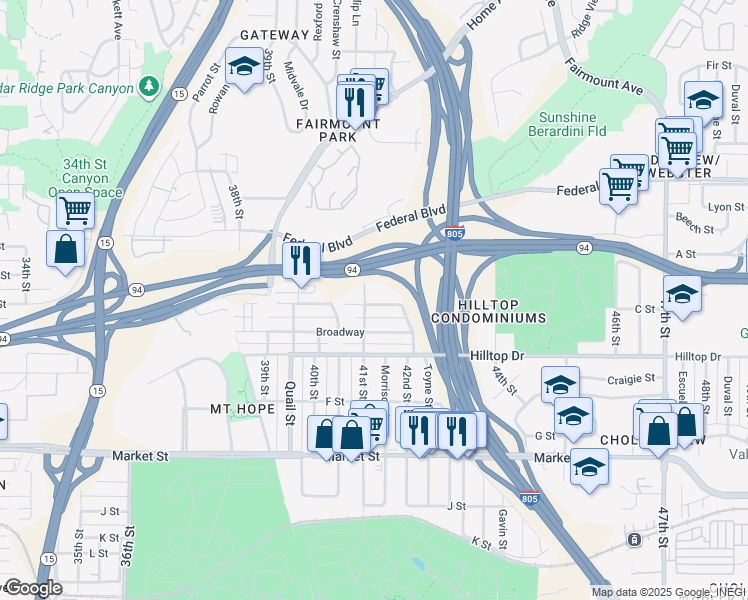 map of restaurants, bars, coffee shops, grocery stores, and more near 1031 41st Street in San Diego