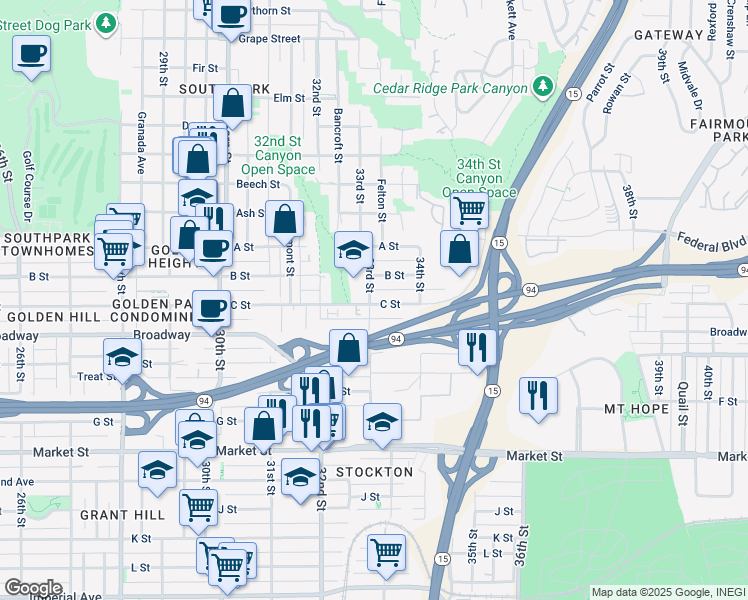 map of restaurants, bars, coffee shops, grocery stores, and more near 1025 33rd Street in San Diego