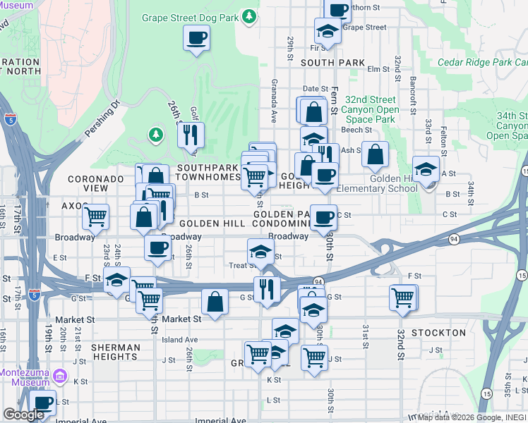 map of restaurants, bars, coffee shops, grocery stores, and more near in San Diego