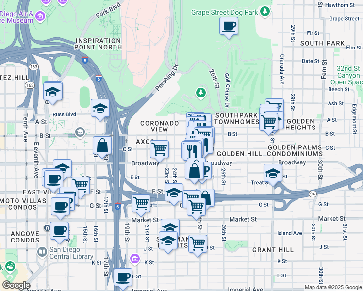 map of restaurants, bars, coffee shops, grocery stores, and more near in San Diego