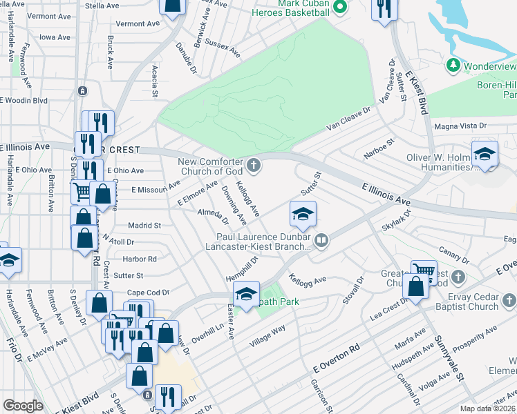 map of restaurants, bars, coffee shops, grocery stores, and more near 2670 Downing Avenue in Dallas
