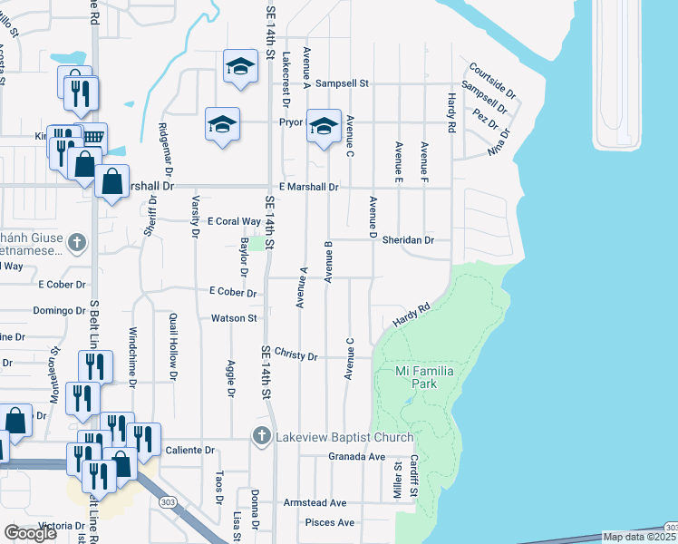 map of restaurants, bars, coffee shops, grocery stores, and more near 1609 Bogarte Drive in Grand Prairie