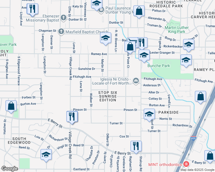 map of restaurants, bars, coffee shops, grocery stores, and more near 5140 Sears Drive in Fort Worth