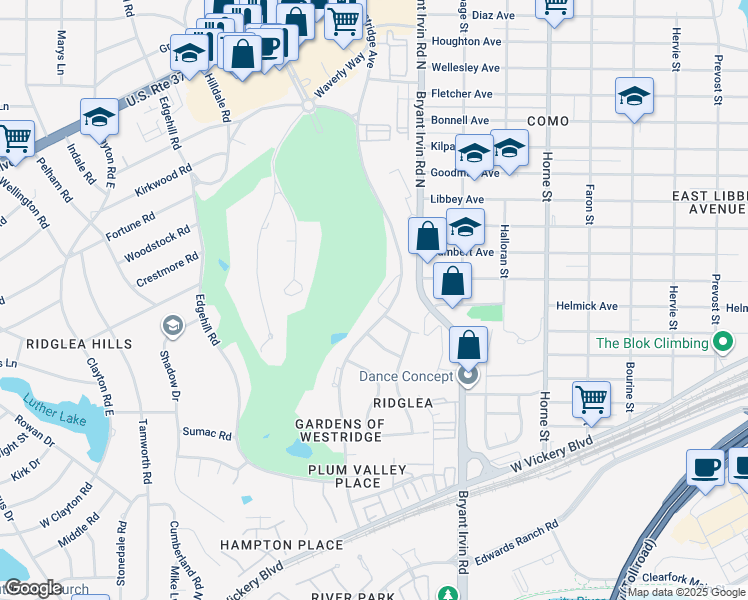 map of restaurants, bars, coffee shops, grocery stores, and more near 4612 Westridge Avenue in Fort Worth