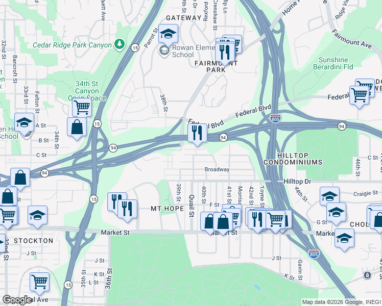 map of restaurants, bars, coffee shops, grocery stores, and more near 3920 C Street in San Diego