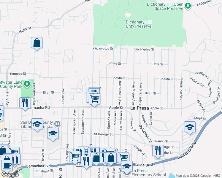 map of restaurants, bars, coffee shops, grocery stores, and more near 1214 Maria Avenue in Spring Valley