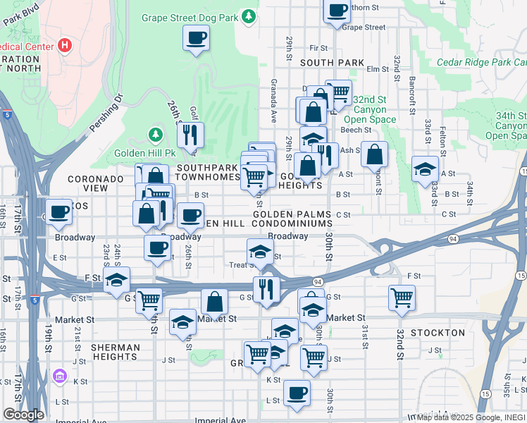 map of restaurants, bars, coffee shops, grocery stores, and more near 2804 C Street in San Diego