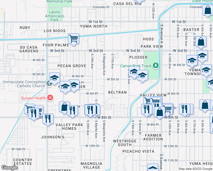 map of restaurants, bars, coffee shops, grocery stores, and more near 566 South Magnolia Avenue in Yuma