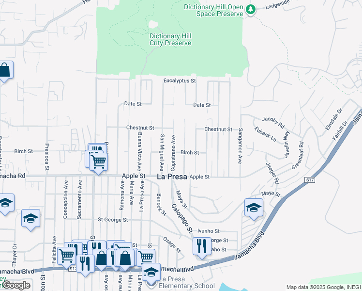 map of restaurants, bars, coffee shops, grocery stores, and more near 1222 Portola Avenue in Spring Valley
