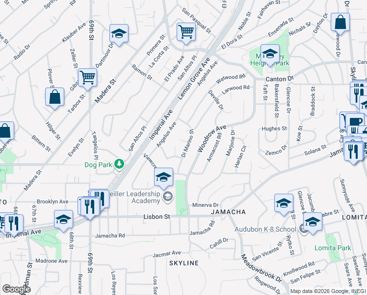 map of restaurants, bars, coffee shops, grocery stores, and more near 976 Di Marino Street in San Diego