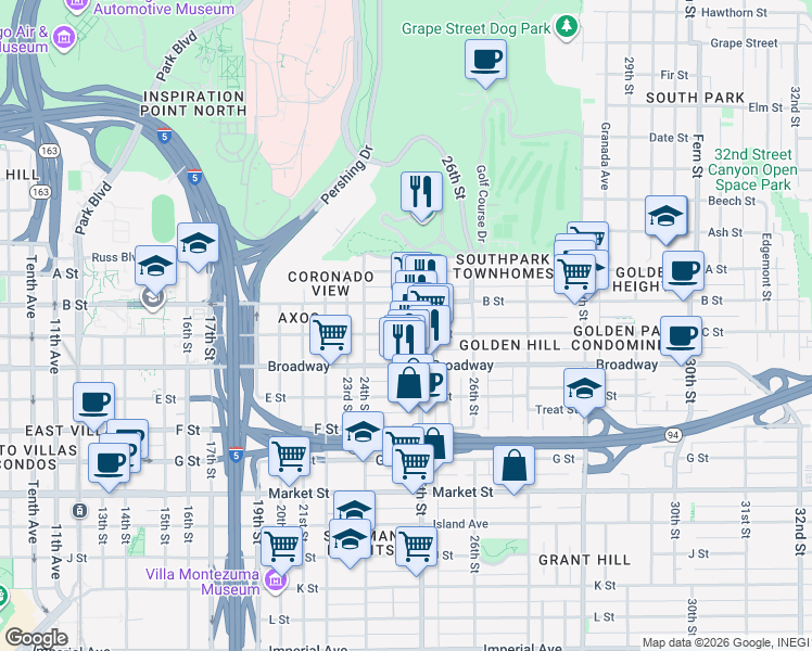 map of restaurants, bars, coffee shops, grocery stores, and more near 2470 C Street in San Diego