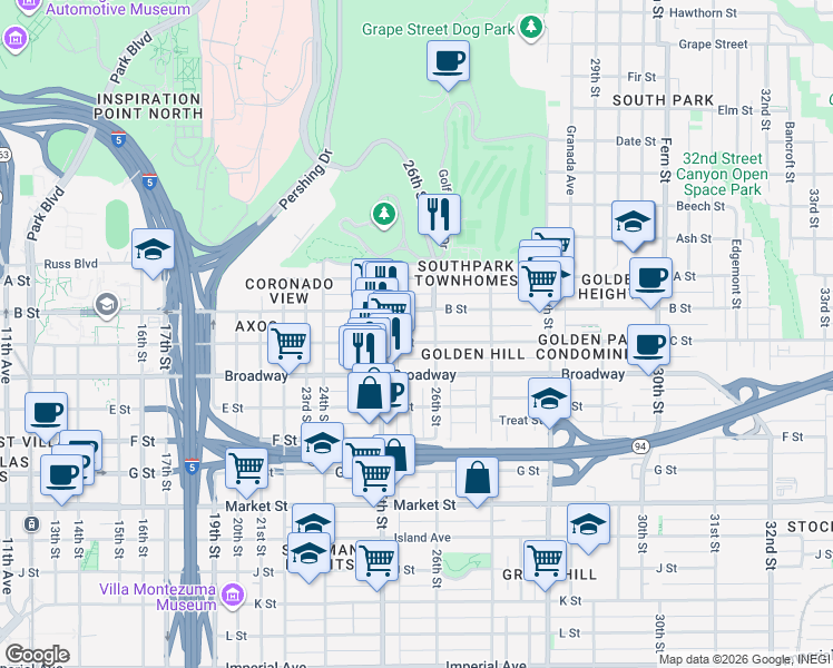 map of restaurants, bars, coffee shops, grocery stores, and more near 2560 C Street in San Diego