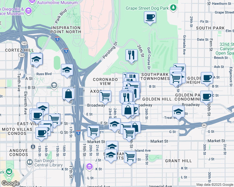 map of restaurants, bars, coffee shops, grocery stores, and more near 2404 C Street in San Diego