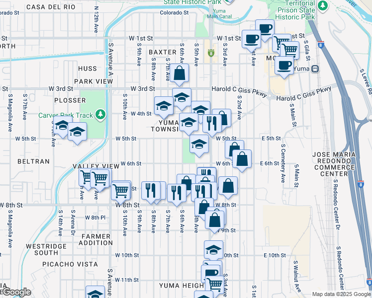 map of restaurants, bars, coffee shops, grocery stores, and more near 545 West 5th Street in Yuma