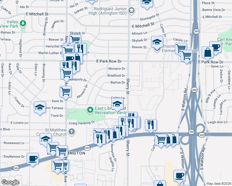 map of restaurants, bars, coffee shops, grocery stores, and more near 2104 Cottie Lane in Arlington