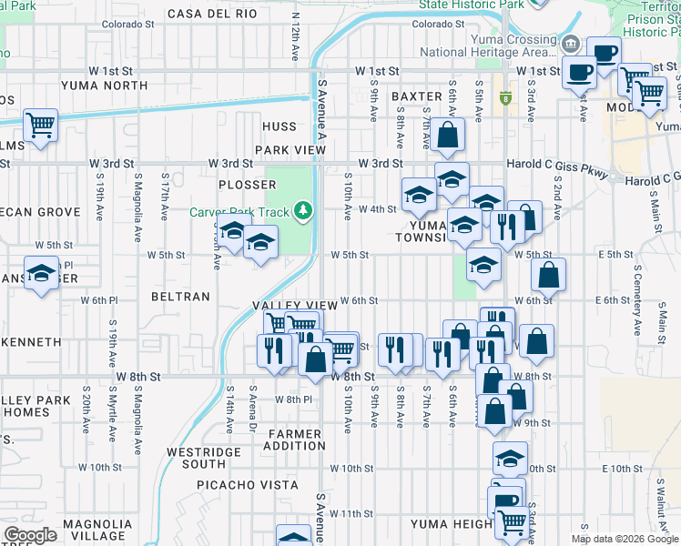 map of restaurants, bars, coffee shops, grocery stores, and more near 511-599 South Avenue A in Yuma