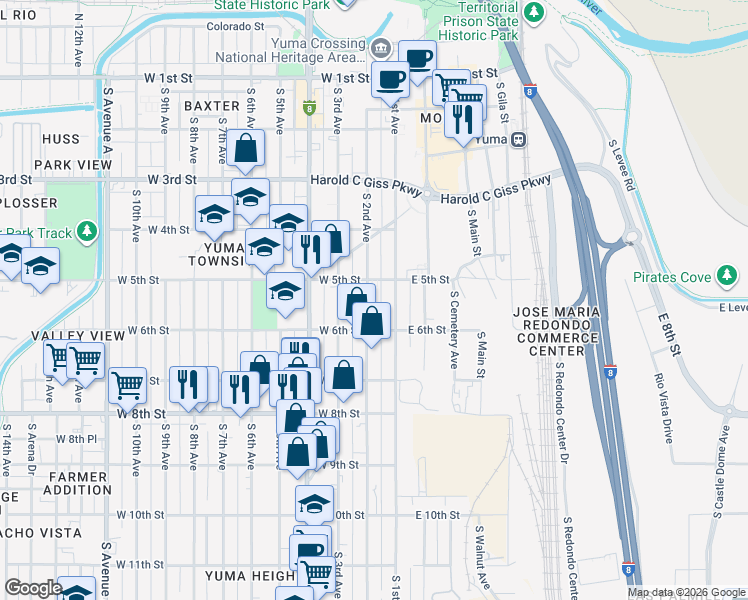 map of restaurants, bars, coffee shops, grocery stores, and more near 598 South 2nd Avenue in Yuma