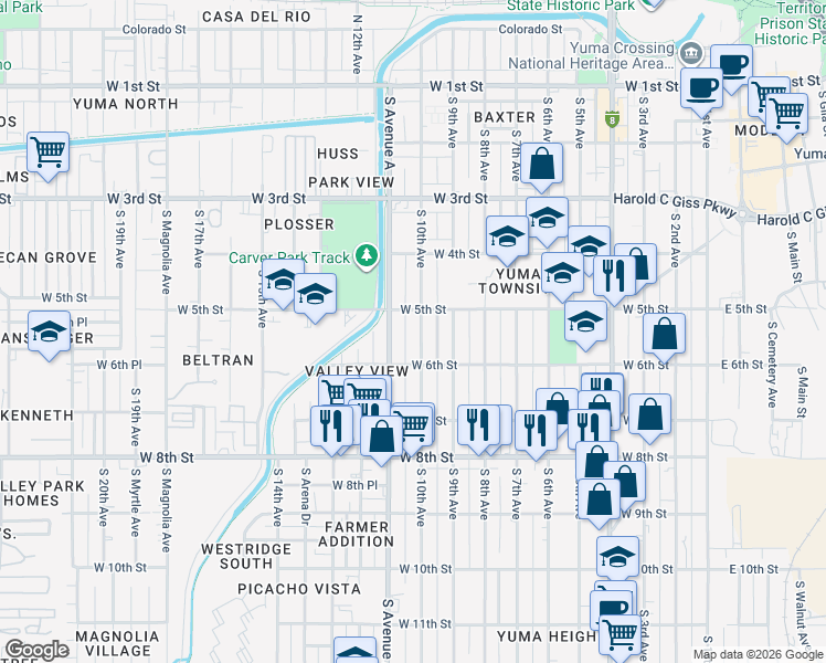 map of restaurants, bars, coffee shops, grocery stores, and more near 511-599 South Avenue A in Yuma