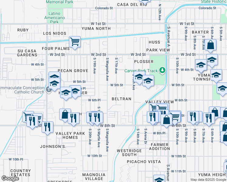 map of restaurants, bars, coffee shops, grocery stores, and more near 591 South 17th Avenue in Yuma