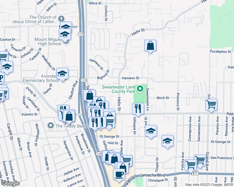 map of restaurants, bars, coffee shops, grocery stores, and more near 8768 Jamacha Road in Spring Valley