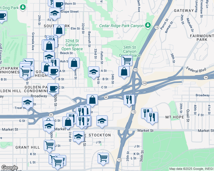 map of restaurants, bars, coffee shops, grocery stores, and more near 3373 C Street in San Diego