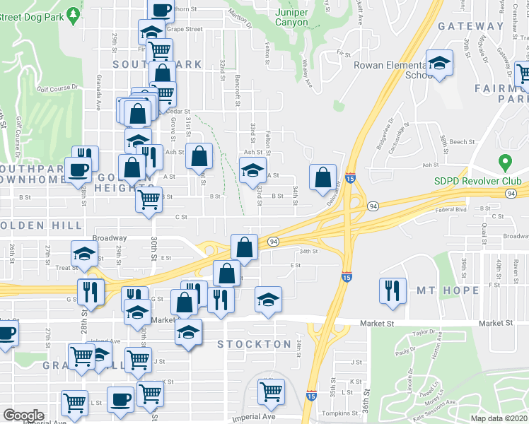 map of restaurants, bars, coffee shops, grocery stores, and more near 1025 33rd Street in San Diego