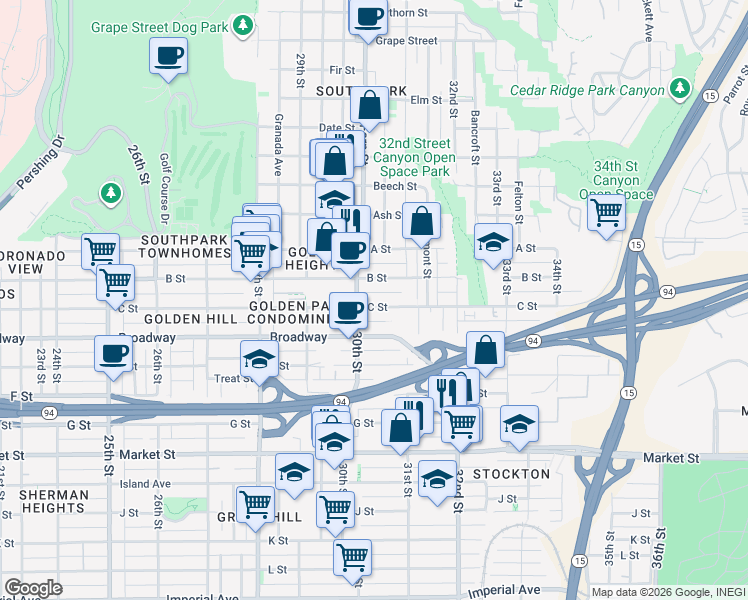 map of restaurants, bars, coffee shops, grocery stores, and more near in San Diego