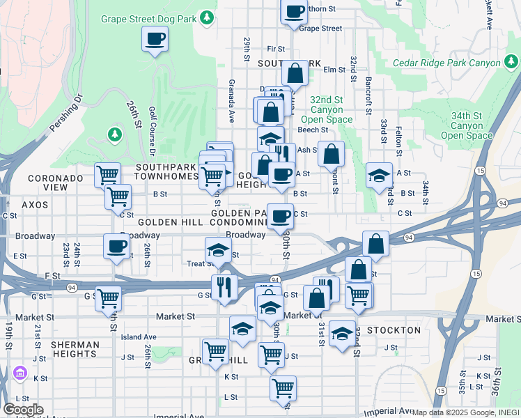 map of restaurants, bars, coffee shops, grocery stores, and more near 2957 C Street in San Diego