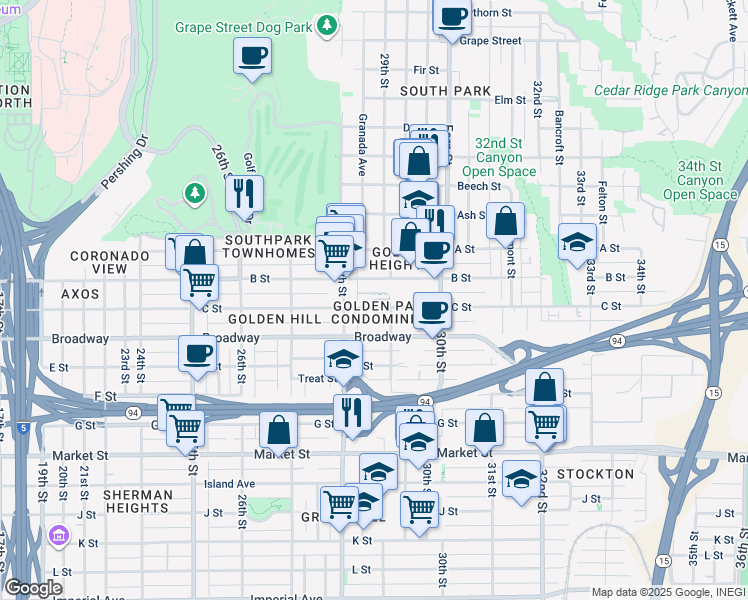 map of restaurants, bars, coffee shops, grocery stores, and more near in San Diego