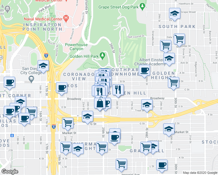 map of restaurants, bars, coffee shops, grocery stores, and more near 2531 C Street in San Diego