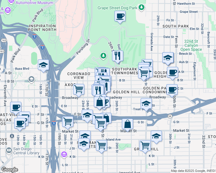 map of restaurants, bars, coffee shops, grocery stores, and more near 2531 C Street in San Diego