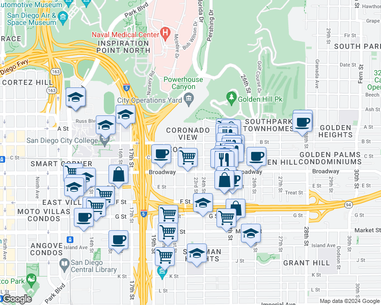map of restaurants, bars, coffee shops, grocery stores, and more near 1055 22nd Street in San Diego
