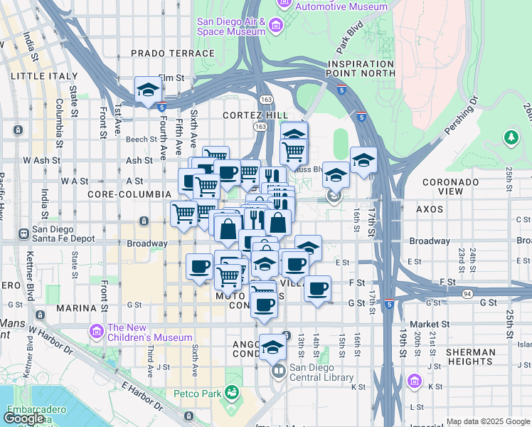 map of restaurants, bars, coffee shops, grocery stores, and more near in San Diego