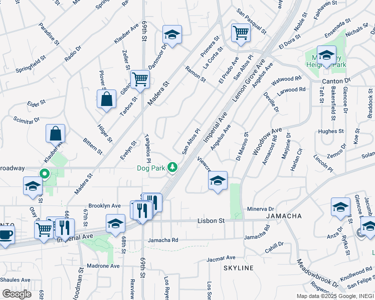 map of restaurants, bars, coffee shops, grocery stores, and more near 1415 San Altos Place in Lemon Grove