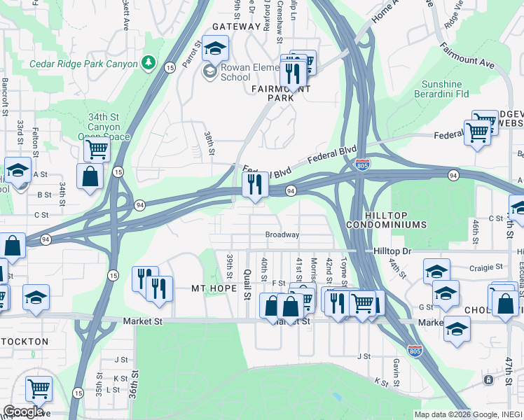 map of restaurants, bars, coffee shops, grocery stores, and more near 3974 C Street in San Diego