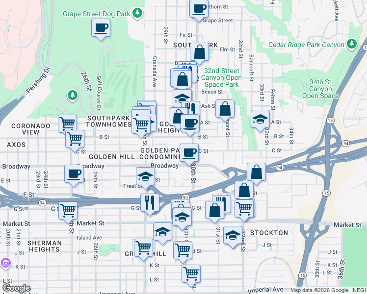 map of restaurants, bars, coffee shops, grocery stores, and more near 2956 C Street in San Diego