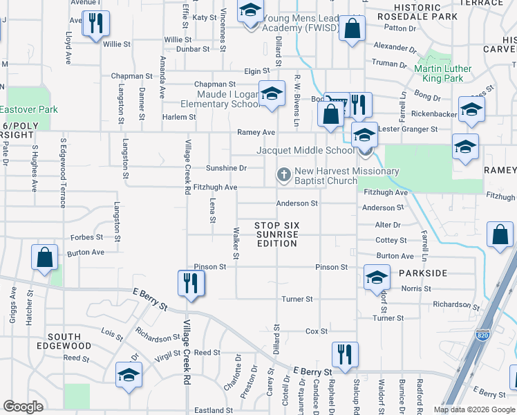 map of restaurants, bars, coffee shops, grocery stores, and more near 5140 Sears Drive in Fort Worth