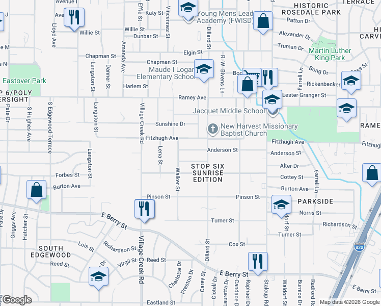 map of restaurants, bars, coffee shops, grocery stores, and more near 5108 Sears Drive in Fort Worth