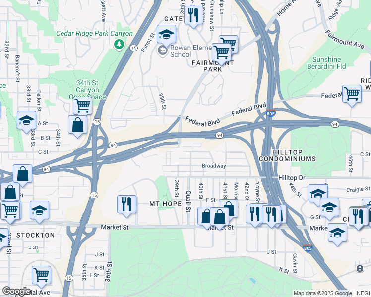 map of restaurants, bars, coffee shops, grocery stores, and more near 3920 C Street in San Diego