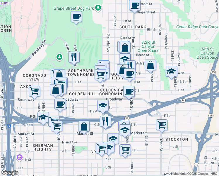 map of restaurants, bars, coffee shops, grocery stores, and more near 2840 C Street in San Diego