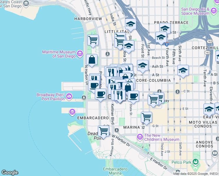 map of restaurants, bars, coffee shops, grocery stores, and more near 1199 Pacific Highway in San Diego