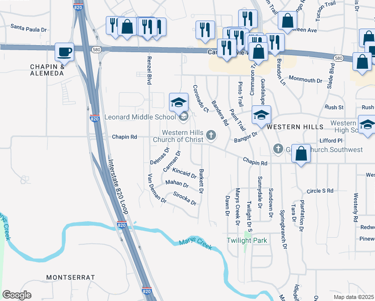 map of restaurants, bars, coffee shops, grocery stores, and more near 3820 Busseron Drive in Benbrook