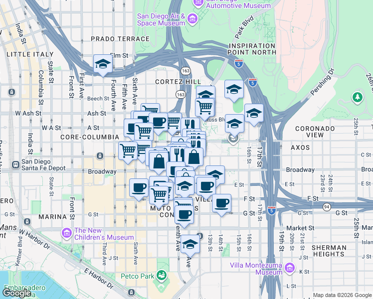 map of restaurants, bars, coffee shops, grocery stores, and more near in San Diego