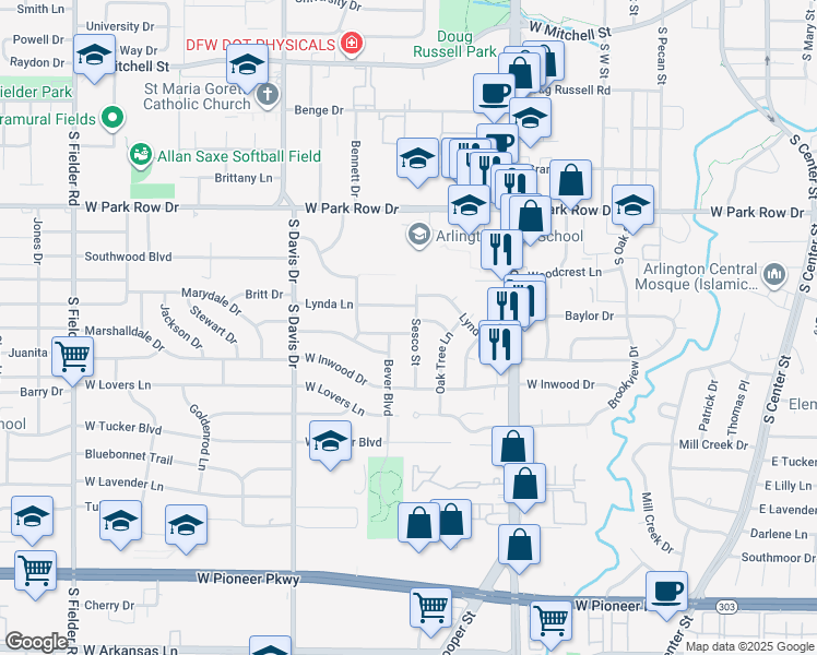 map of restaurants, bars, coffee shops, grocery stores, and more near 1804 Sesco Street in Arlington